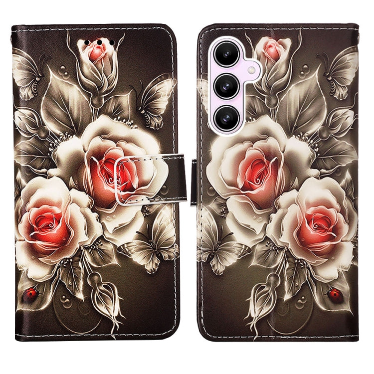 For Samsung Galaxy A55 Colored Drawing Pattern Plain Weave Leather Phone Case(Roses On Black) by buy2fix