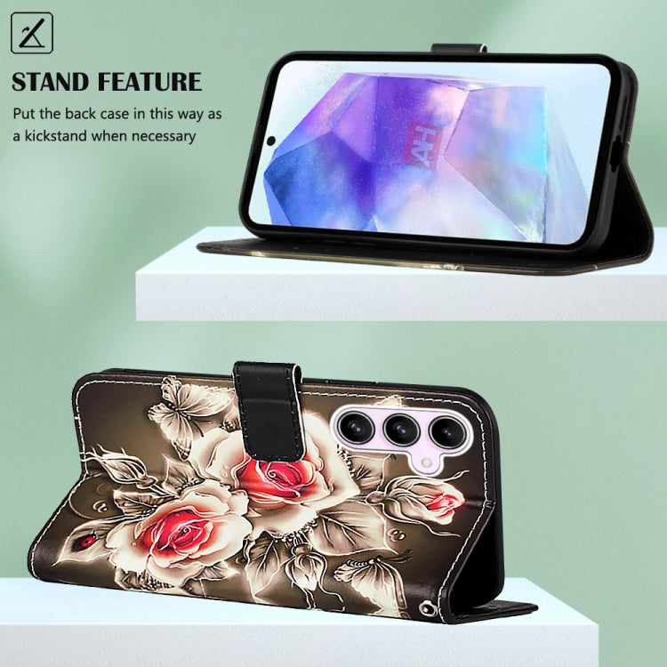 For Samsung Galaxy A55 Colored Drawing Pattern Plain Weave Leather Phone Case(Roses On Black) by buy2fix