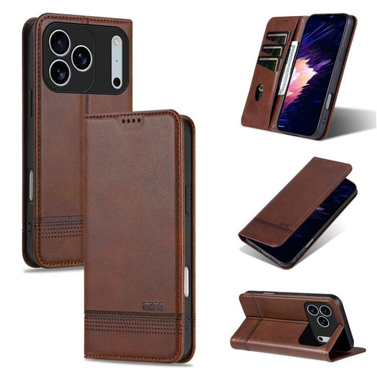 For iPhone 17 Pro AZNS Magnetic Calf Texture Flip Leather Phone Case(Dark Brown)
