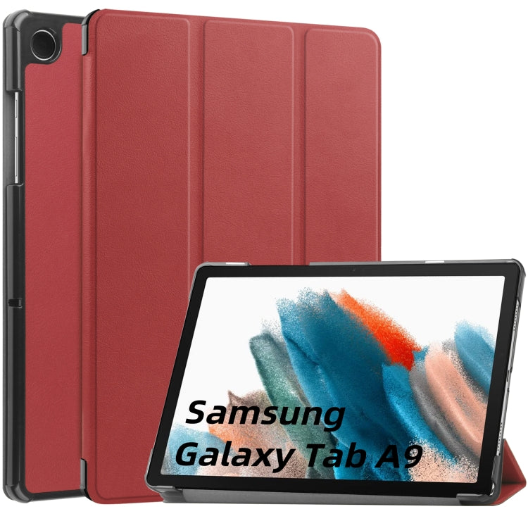 For Samsung Galaxy Tab A9 Custer Pure Color 3-Fold Holder Leather Tablet Case(Wine Red) - Galaxy Tab A9 by buy2fix | Online Shopping UK | buy2fix