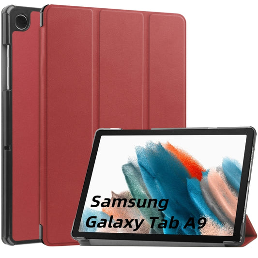 For Samsung Galaxy Tab A9 Custer Pure Color 3-Fold Holder Leather Tablet Case(Wine Red) - Galaxy Tab A9 by buy2fix | Online Shopping UK | buy2fix