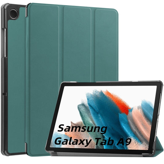 For Samsung Galaxy Tab A9 Custer Pure Color 3-Fold Holder Leather Tablet Case(Dark Green) - Galaxy Tab A9 by buy2fix | Online Shopping UK | buy2fix