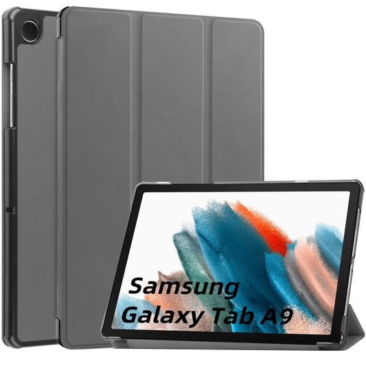 For Samsung Galaxy Tab A9 Custer Pure Color 3-Fold Holder Leather Tablet Case(Grey) - Galaxy Tab A9 by buy2fix | Online Shopping UK | buy2fix