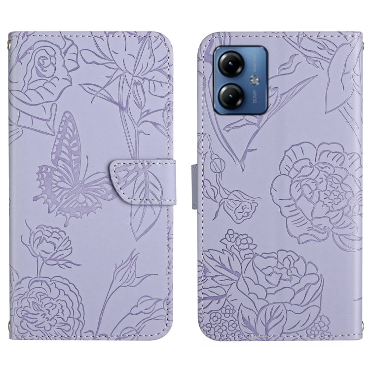 For Motorola Moto G54 HT03 Skin Feel Butterfly Embossed Flip Leather Phone Case(Purple) by buy2fix