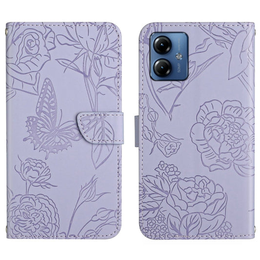 For Motorola Moto G54 HT03 Skin Feel Butterfly Embossed Flip Leather Phone Case(Purple) by buy2fix