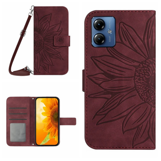 For Motorola Moto G54 HT04 Skin Feel Sun Flower Embossed Flip Leather Phone Case with Lanyard(Wine Red) by buy2fix