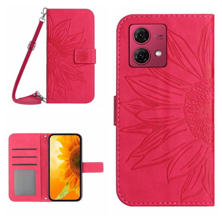 For Motorola Moto G84 HT04 Skin Feel Sun Flower Embossed Flip Leather Phone Case with Lanyard(Rose Red) by buy2fix