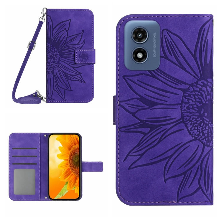 For Motorola Moto G Play 4G 2024 HT04 Skin Feel Sun Flower Embossed Flip Leather Phone Case with Lanyard(Dark Purple) by buy2fix