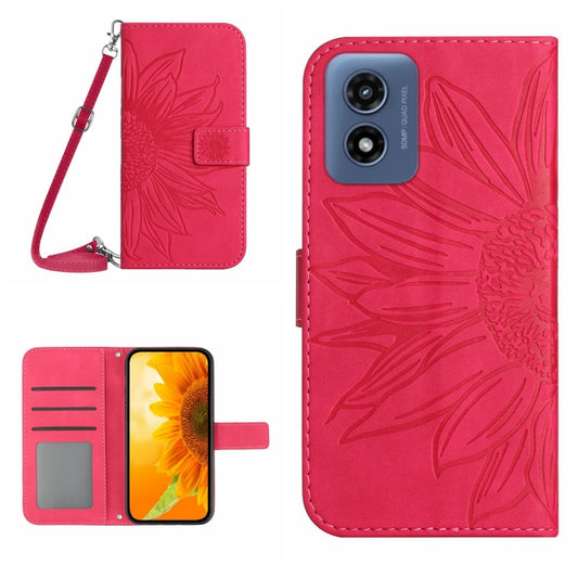 For Motorola Moto G Play 4G 2024 HT04 Skin Feel Sun Flower Embossed Flip Leather Phone Case with Lanyard(Rose Red) by buy2fix