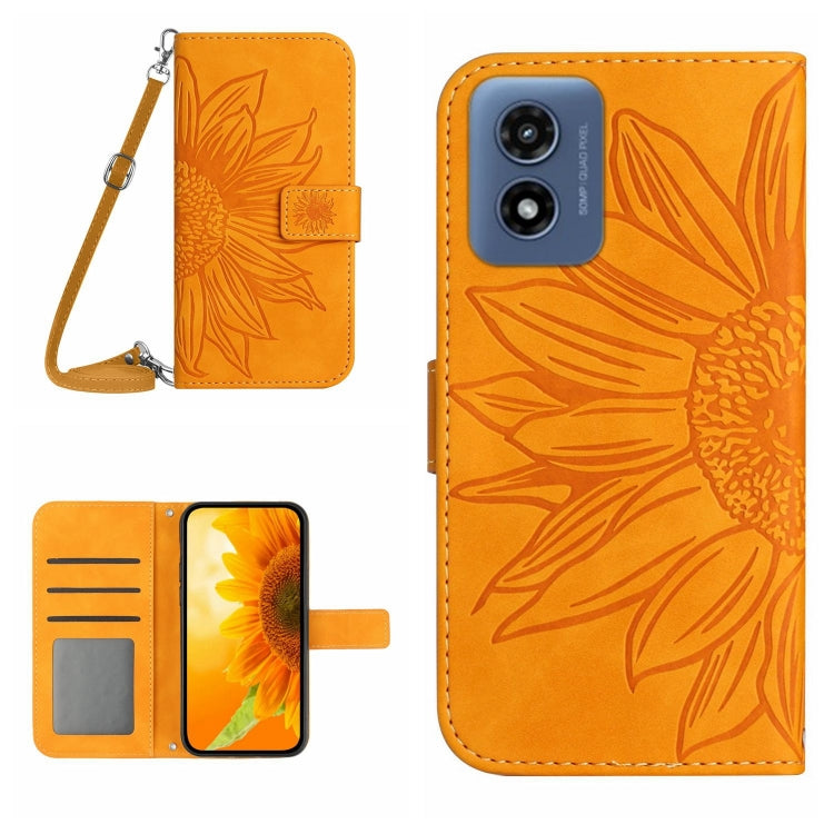 For Motorola Moto G Play 4G 2024 HT04 Skin Feel Sun Flower Embossed Flip Leather Phone Case with Lanyard(Yellow) by buy2fix