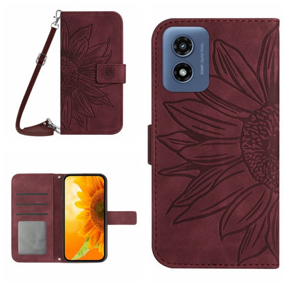 For Motorola Moto G Play 4G 2024 HT04 Skin Feel Sun Flower Embossed Flip Leather Phone Case with Lanyard(Wine Red) by buy2fix