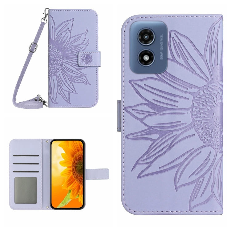 For Motorola Moto G Play 4G 2024 HT04 Skin Feel Sun Flower Embossed Flip Leather Phone Case with Lanyard(Purple) by buy2fix