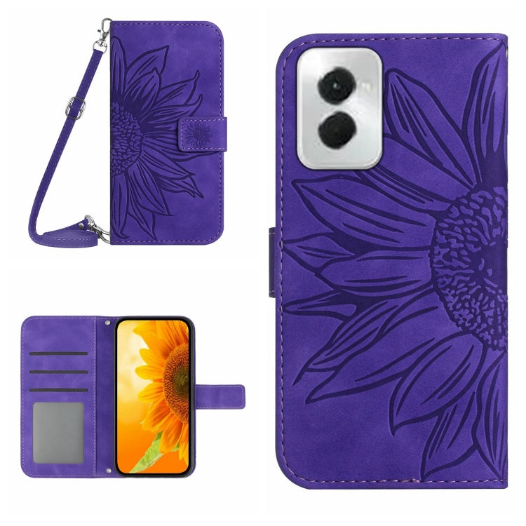 For Motorola Moto G Power 5G 2024 HT04 Skin Feel Sun Flower Embossed Flip Leather Phone Case with Lanyard(Dark Purple) by buy2fix