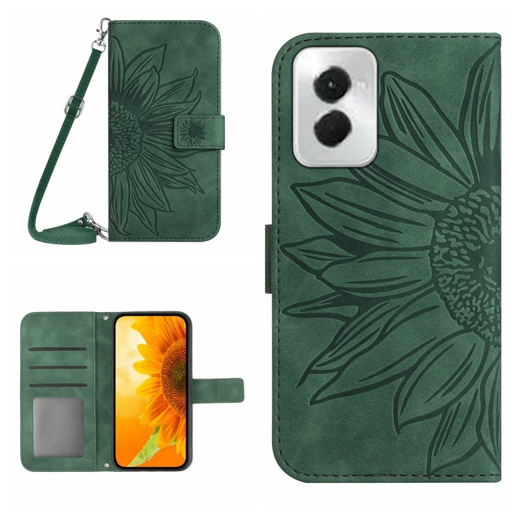 For Motorola Moto G Power 5G 2024 HT04 Skin Feel Sun Flower Embossed Flip Leather Phone Case with Lanyard(Green) by buy2fix