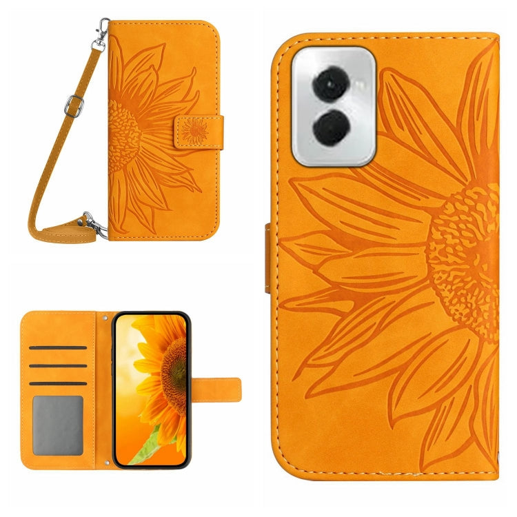 For Motorola Moto G Power 5G 2024 HT04 Skin Feel Sun Flower Embossed Flip Leather Phone Case with Lanyard(Yellow) by buy2fix