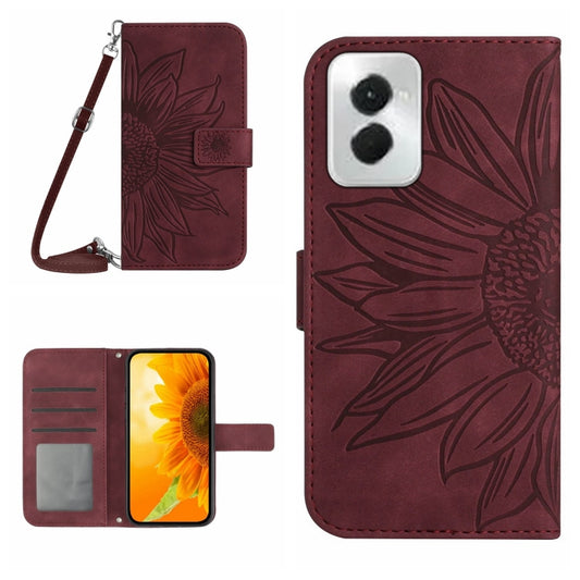 For Motorola Moto G Power 5G 2024 HT04 Skin Feel Sun Flower Embossed Flip Leather Phone Case with Lanyard(Wine Red) by buy2fix