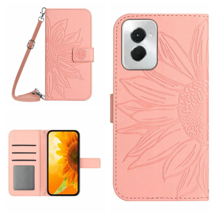 For Motorola Moto G Power 5G 2024 HT04 Skin Feel Sun Flower Embossed Flip Leather Phone Case with Lanyard(Pink) by buy2fix