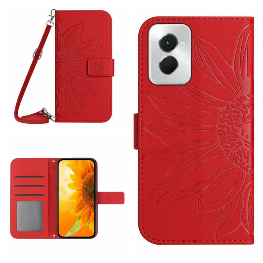 For Motorola Moto G Power 5G 2024 HT04 Skin Feel Sun Flower Embossed Flip Leather Phone Case with Lanyard(Red) by buy2fix