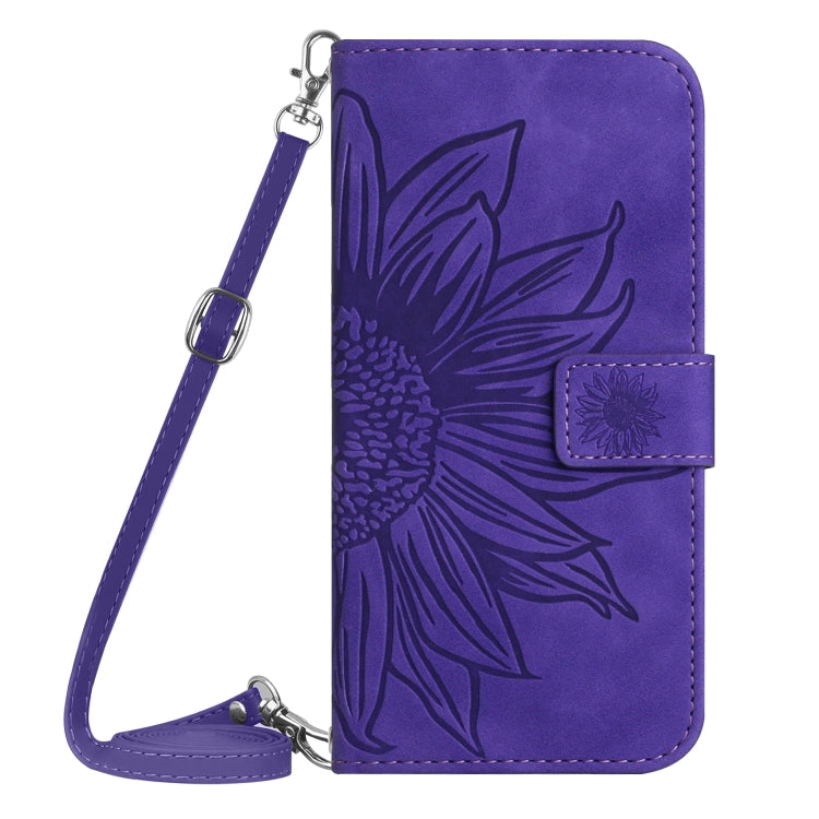For Motorola Moto G Play 5G 2024 HT04 Skin Feel Sun Flower Embossed Flip Leather Phone Case with Lanyard(Dark Purple) by buy2fix