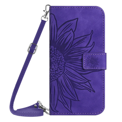 For Motorola Moto G Play 5G 2024 HT04 Skin Feel Sun Flower Embossed Flip Leather Phone Case with Lanyard(Dark Purple) by buy2fix