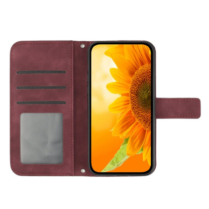 For Motorola Moto G Play 5G 2024 HT04 Skin Feel Sun Flower Embossed Flip Leather Phone Case with Lanyard(Wine Red) by buy2fix