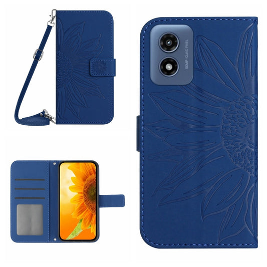 For Motorola Moto G Play 5G 2024 HT04 Skin Feel Sun Flower Embossed Flip Leather Phone Case with Lanyard(Dark Blue) by buy2fix