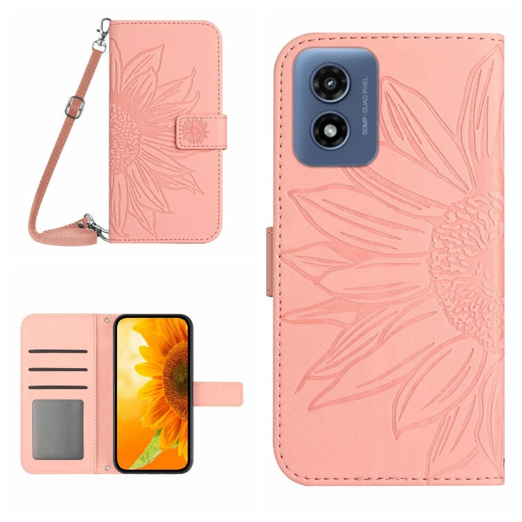 For Motorola Moto G Play 5G 2024 HT04 Skin Feel Sun Flower Embossed Flip Leather Phone Case with Lanyard(Pink) by buy2fix