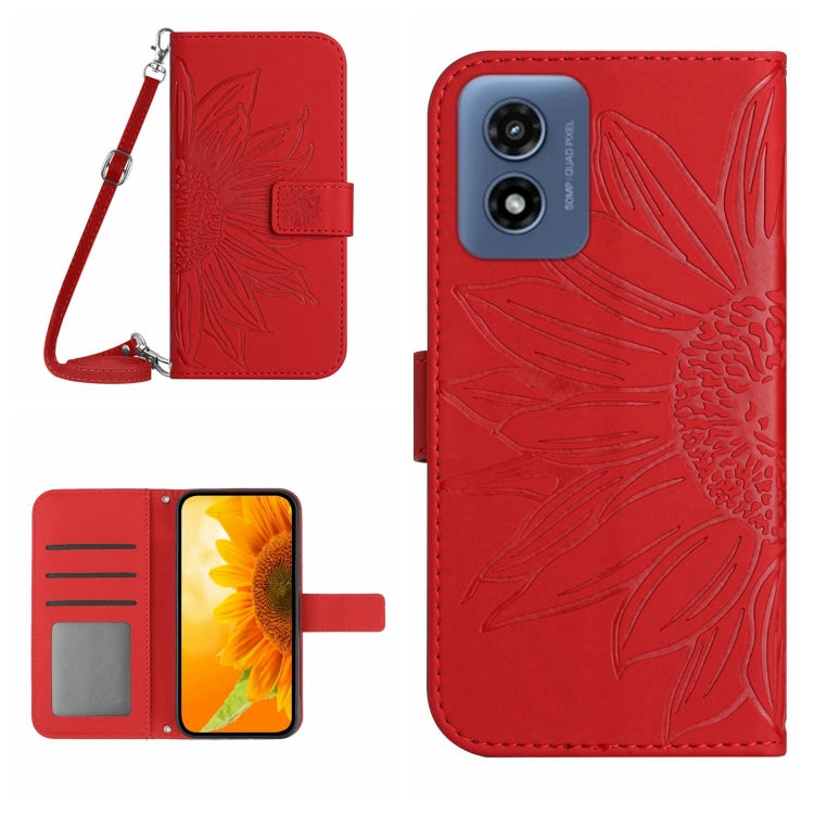 For Motorola Moto G Play 5G 2024 HT04 Skin Feel Sun Flower Embossed Flip Leather Phone Case with Lanyard(Red) by buy2fix
