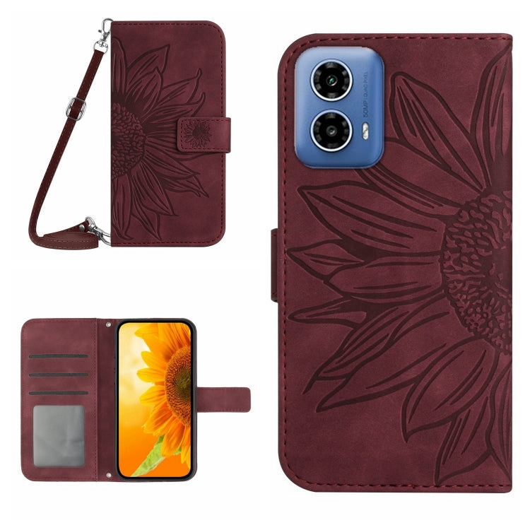 For Motorola Moto G Stylus 5G 2024 HT04 Skin Feel Sun Flower Embossed Flip Leather Phone Case with Lanyard(Wine Red) by buy2fix