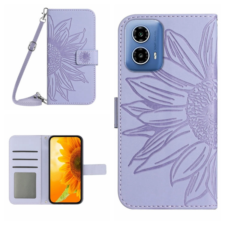 For Motorola Moto G Stylus 5G 2024 HT04 Skin Feel Sun Flower Embossed Flip Leather Phone Case with Lanyard(Purple) by buy2fix