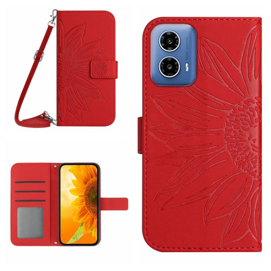 For Motorola Moto G Stylus 5G 2024 HT04 Skin Feel Sun Flower Embossed Flip Leather Phone Case with Lanyard(Red) by buy2fix
