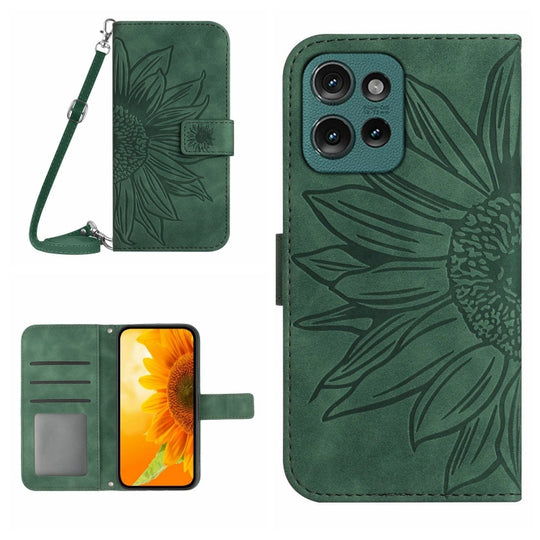 For Motorola Edge 50 5G HT04 Skin Feel Sun Flower Embossed Flip Leather Phone Case with Lanyard(Green)
