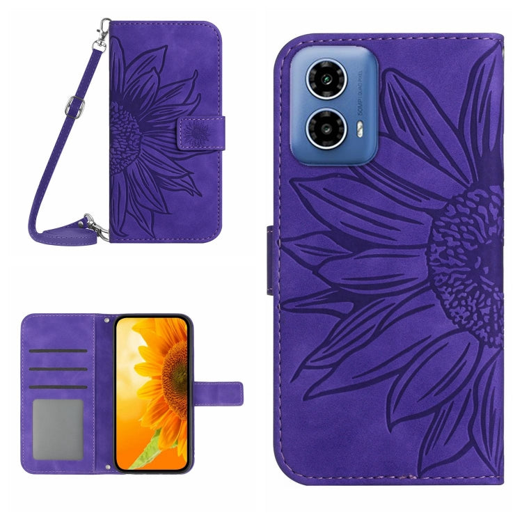 For Motorola Edge 5G 2024 HT04 Skin Feel Sun Flower Embossed Flip Leather Phone Case with Lanyard(Dark Purple) by buy2fix