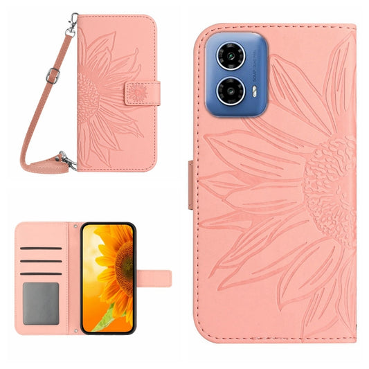For Motorola Edge 5G 2024 HT04 Skin Feel Sun Flower Embossed Flip Leather Phone Case with Lanyard(Pink) by buy2fix