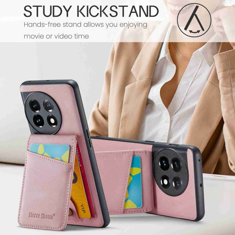 For OnePlus 11 Fierre Shann Crazy Horse Card Holder Back Cover PU Phone Case(Pink) - OnePlus Cases by FIERRE SHANN | Online Shopping UK | buy2fix