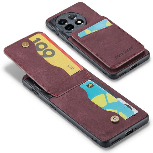 For OnePlus 11 Fierre Shann Crazy Horse Card Holder Back Cover PU Phone Case(Wine Red) - OnePlus Cases by FIERRE SHANN | Online Shopping UK | buy2fix