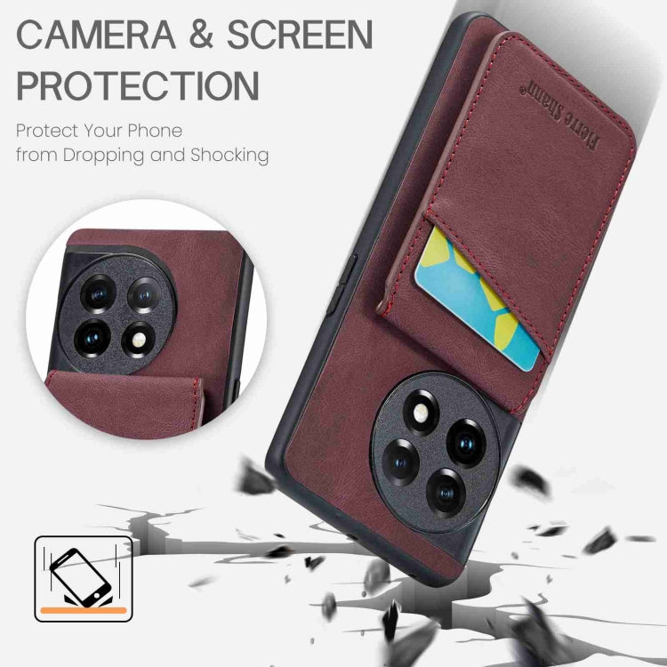 For OnePlus 11 Fierre Shann Crazy Horse Card Holder Back Cover PU Phone Case(Wine Red) - OnePlus Cases by FIERRE SHANN | Online Shopping UK | buy2fix