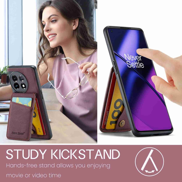 For OnePlus 11 Fierre Shann Crazy Horse Card Holder Back Cover PU Phone Case(Wine Red) - OnePlus Cases by FIERRE SHANN | Online Shopping UK | buy2fix