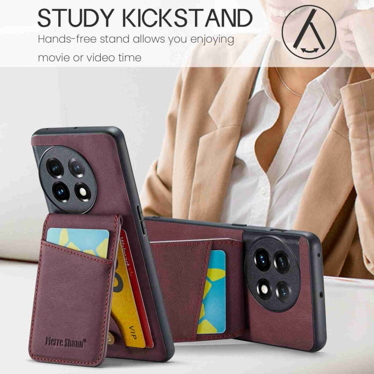 For OnePlus 11 Fierre Shann Crazy Horse Card Holder Back Cover PU Phone Case(Wine Red) - OnePlus Cases by FIERRE SHANN | Online Shopping UK | buy2fix
