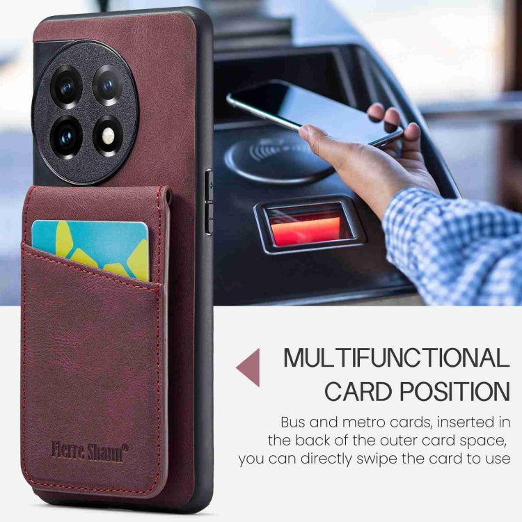 For OnePlus 11 Fierre Shann Crazy Horse Card Holder Back Cover PU Phone Case(Wine Red) - OnePlus Cases by FIERRE SHANN | Online Shopping UK | buy2fix