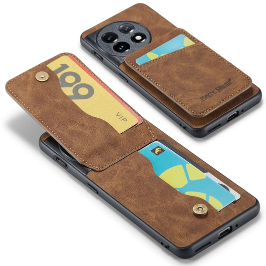 For OnePlus 11 Fierre Shann Crazy Horse Card Holder Back Cover PU Phone Case(Brown) - OnePlus Cases by FIERRE SHANN | Online Shopping UK | buy2fix