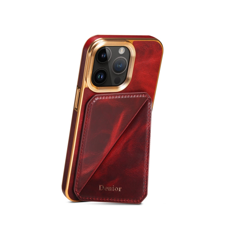 For iPhone 12 / 12 Pro Denior Oil Wax Leather Electroplating Card Slot Holder Phone Case(Red) - iPhone 12 / 12 Pro Cases by Denior | Online Shopping UK | buy2fix