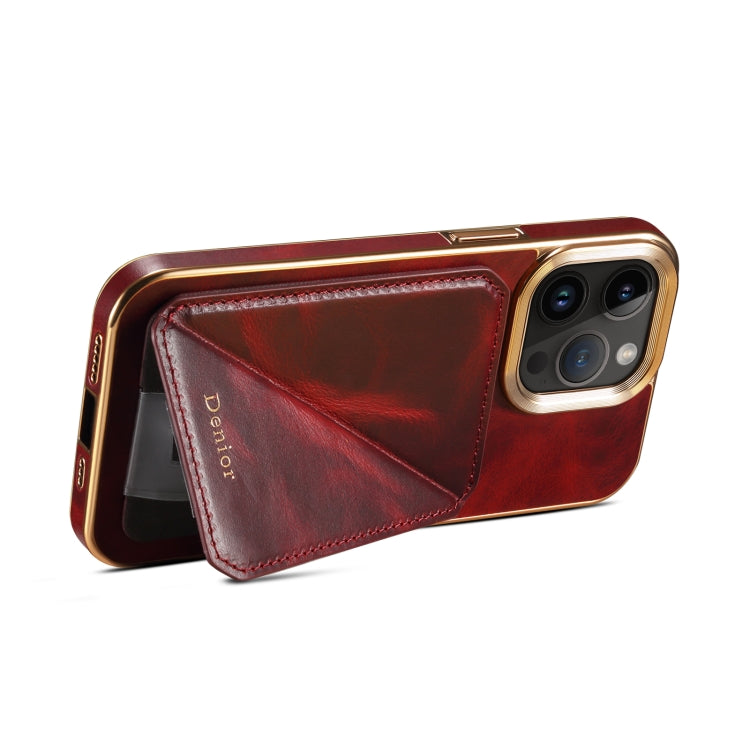 For iPhone 12 / 12 Pro Denior Oil Wax Leather Electroplating Card Slot Holder Phone Case(Red) - iPhone 12 / 12 Pro Cases by Denior | Online Shopping UK | buy2fix
