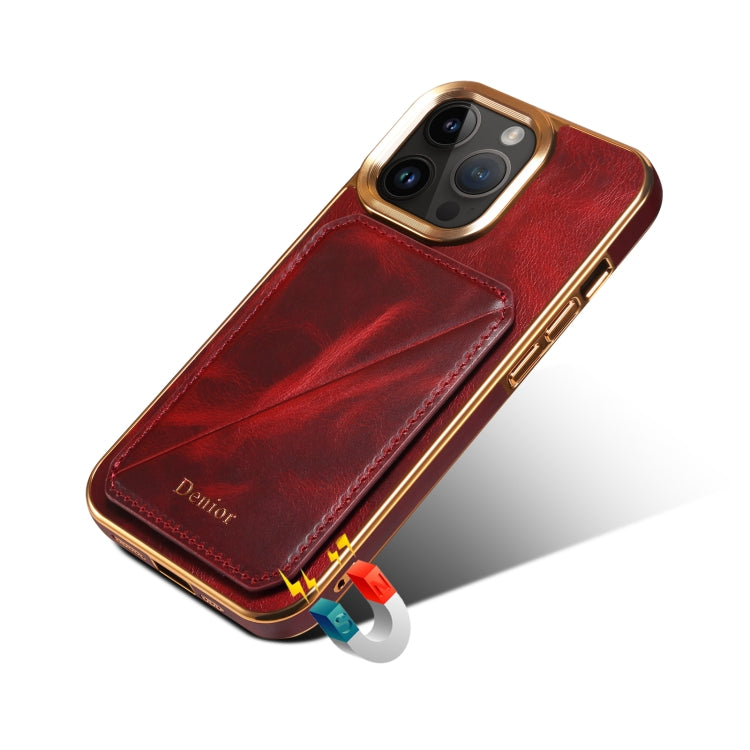 For iPhone 12 / 12 Pro Denior Oil Wax Leather Electroplating Card Slot Holder Phone Case(Red) - iPhone 12 / 12 Pro Cases by Denior | Online Shopping UK | buy2fix