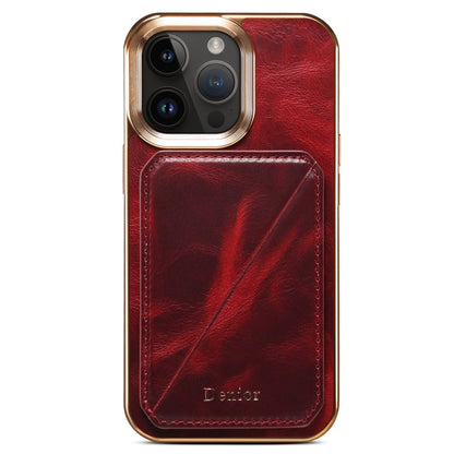 For iPhone 15 Pro Denior Oil Wax Leather Electroplating Card Slot Holder Phone Case(Red) - iPhone 15 Pro Cases by Denior | Online Shopping UK | buy2fix