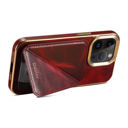 For iPhone 15 Pro Denior Oil Wax Leather Electroplating Card Slot Holder Phone Case(Red) - iPhone 15 Pro Cases by Denior | Online Shopping UK | buy2fix