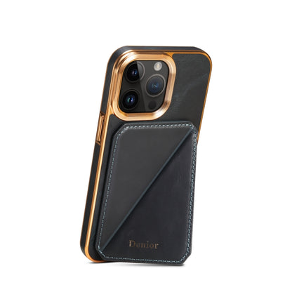 For iPhone 15 Pro Denior Oil Wax Leather Electroplating Card Slot Holder Phone Case(Blue) - iPhone 15 Pro Cases by Denior | Online Shopping UK | buy2fix