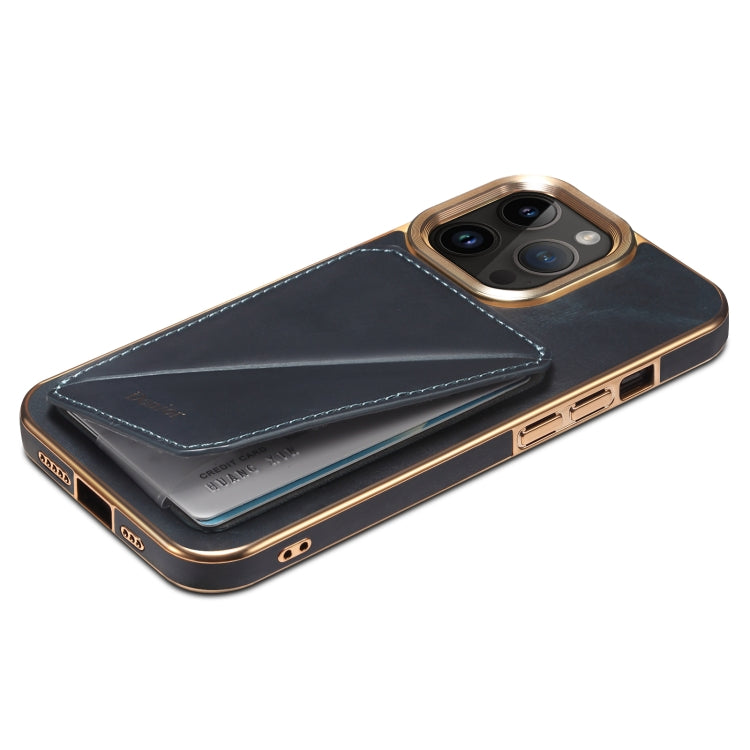 For iPhone 15 Pro Denior Oil Wax Leather Electroplating Card Slot Holder Phone Case(Blue) - iPhone 15 Pro Cases by Denior | Online Shopping UK | buy2fix