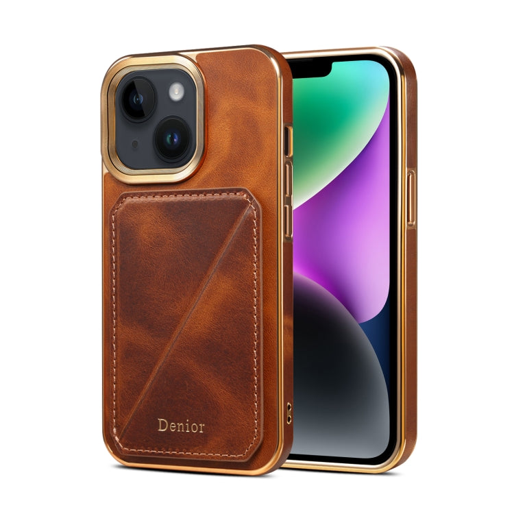 For iPhone 15 Denior Oil Wax Leather Electroplating Card Slot Holder Phone Case(Brown) - iPhone 15 Cases by Denior | Online Shopping UK | buy2fix