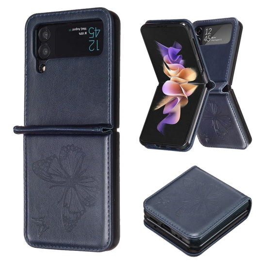 For Samsung Galaxy Z Flip4 Embossing Two Butterflies Leather Phone Case(Blue)